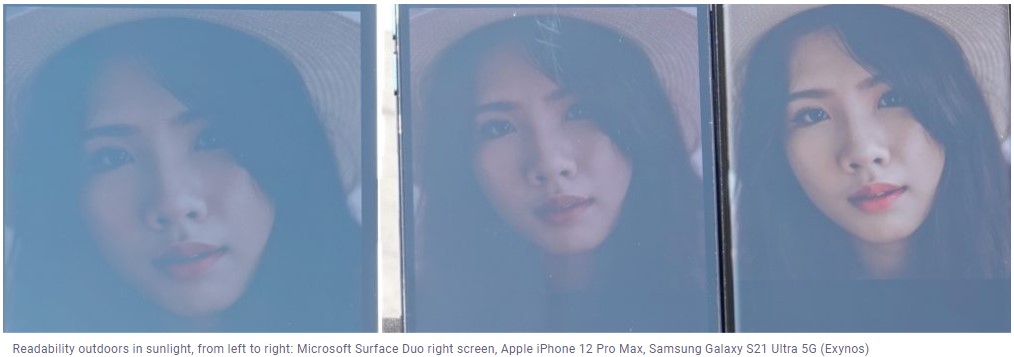 خواندن خوب در نور - از راست به چپ: Galaxy S21 Ultra Exynos - iPhone 12 Pro Max - Surface Duo