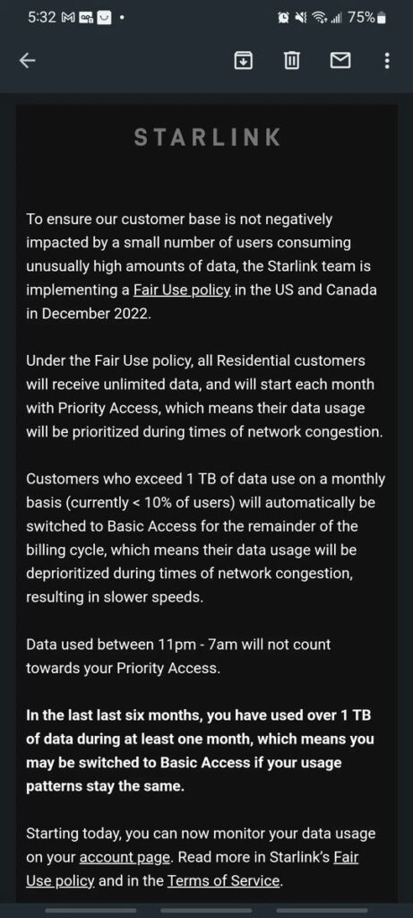 پیام Starlink در مورد محدودیت های جدید